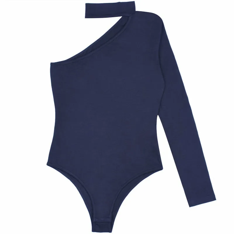 Cotton halter one shoulder Choker Long Sleeve bodysuit