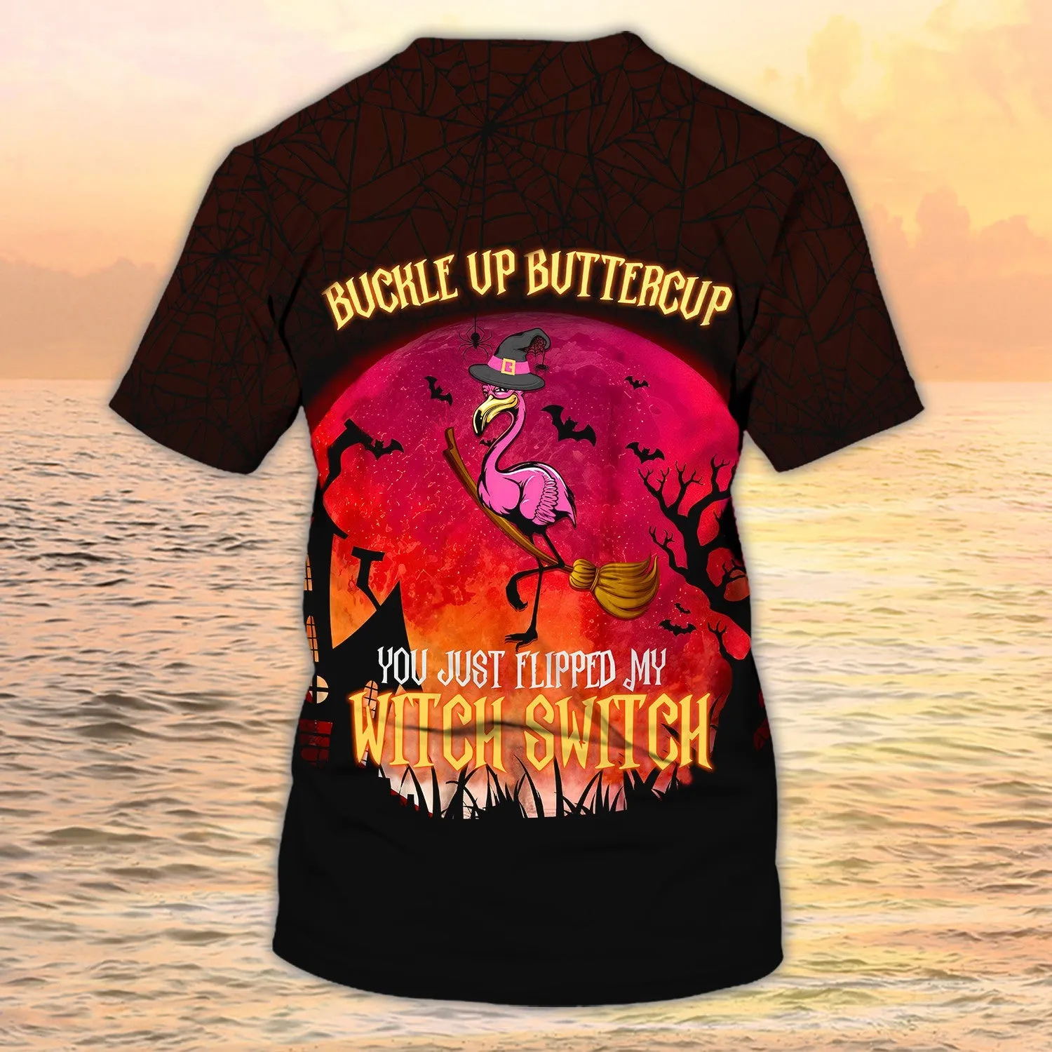Funny Flamingo Flying On Night Halloween Shirt Men Women Flipped My Witch Switch 3D Shirt