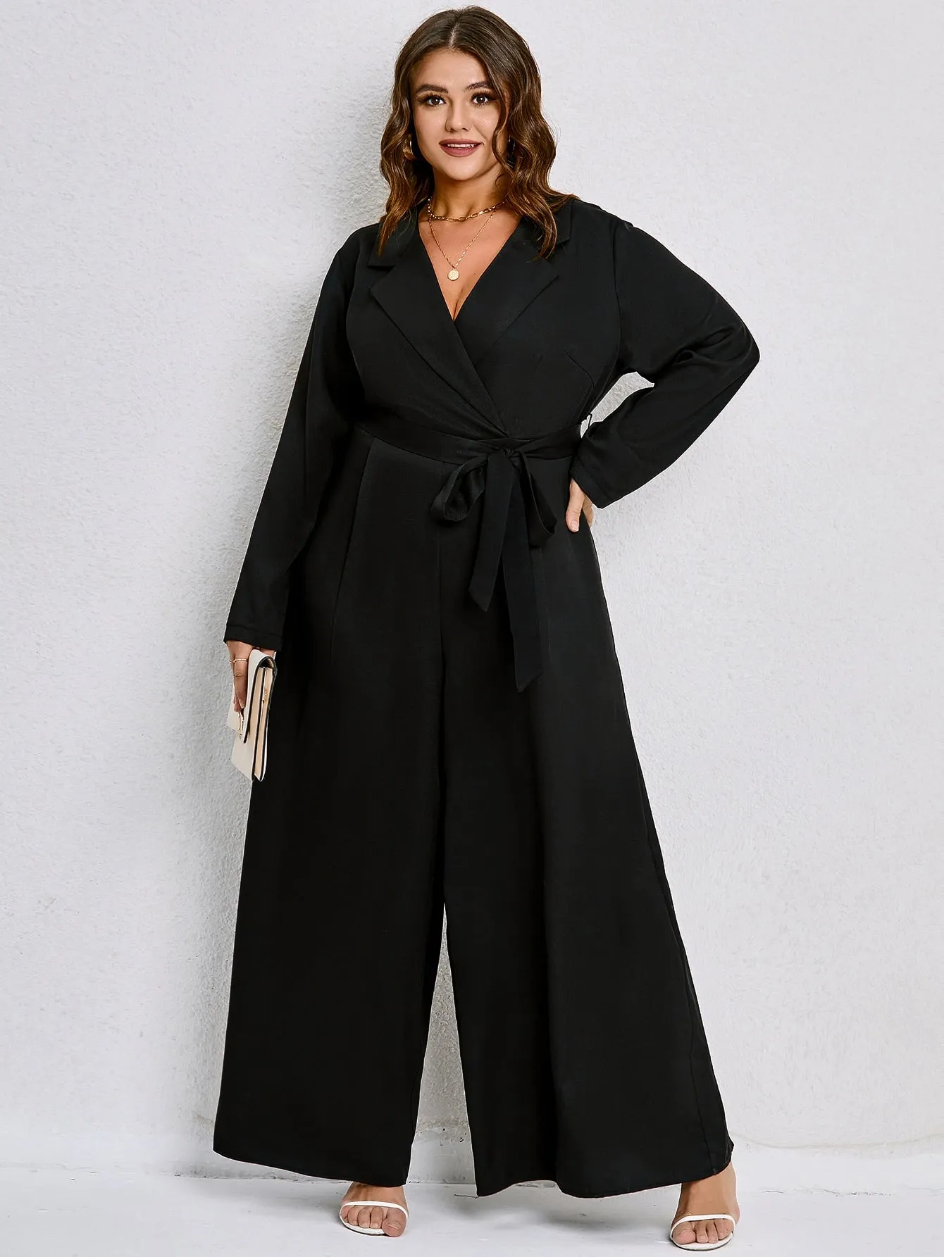 Plus Lapel Collar Belted Wide Leg Jumpsuit