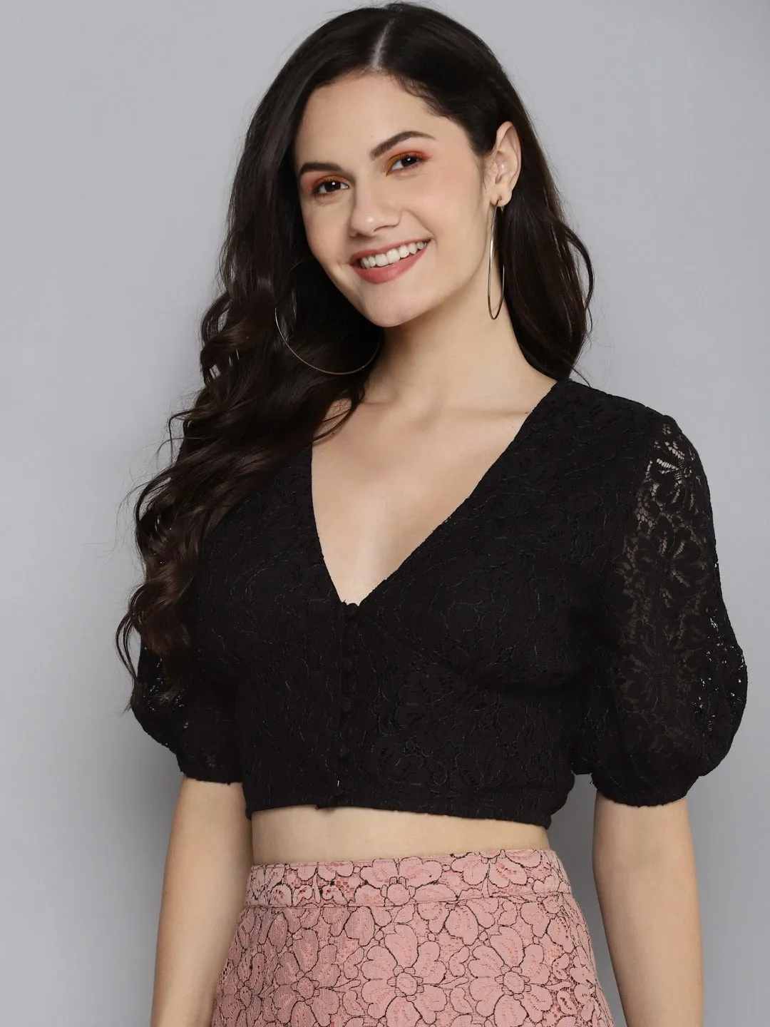 Women Black Lace Puff Sleeve Crop Top