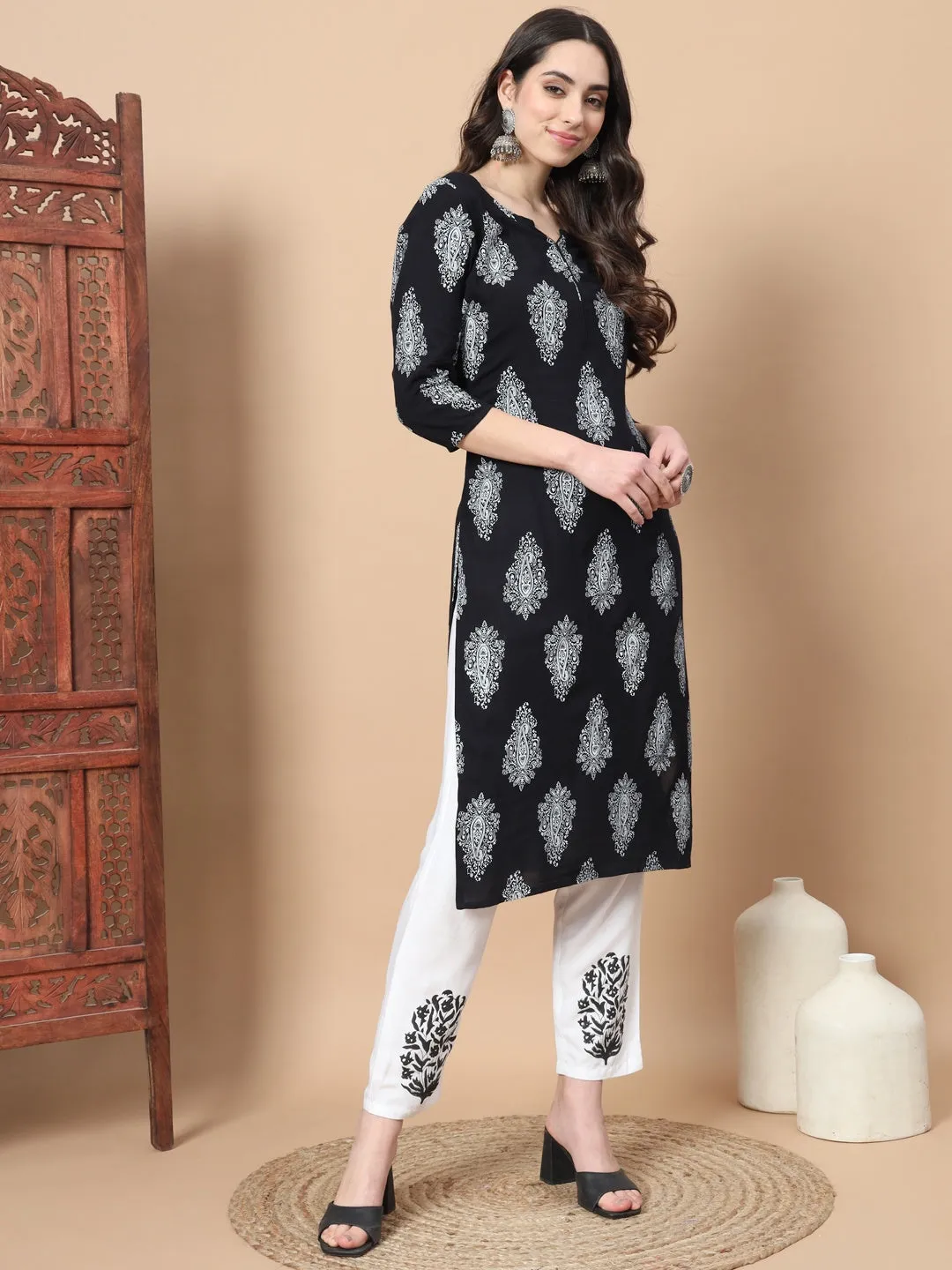 Women Black Paisley Print Rayon Kurta With Hand Block Print Palazzo & Dupatta