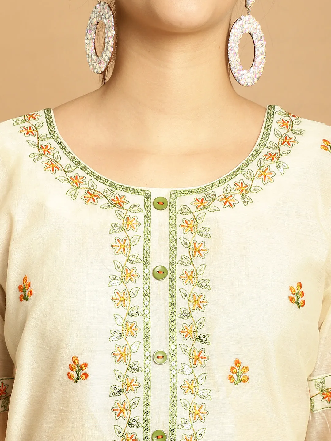 Women Cream Chanderi Palazzo Dupatta Set