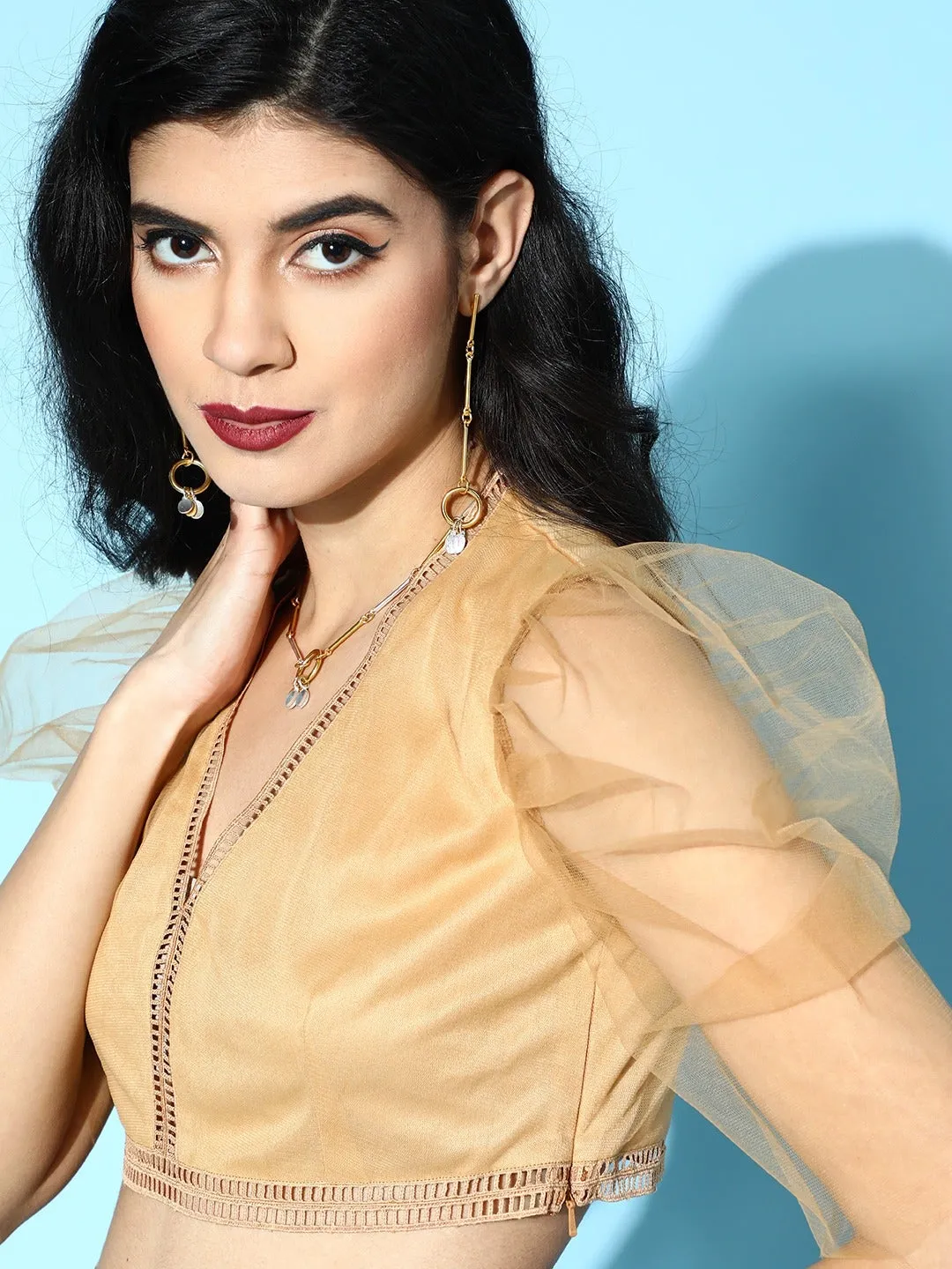 Women Dark Beige Mesh V-Neck Crop Top